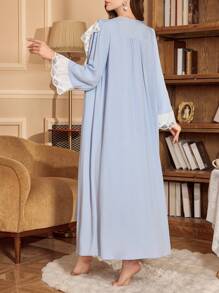 PalaceNights 2pcs Contrast Lace Patchwork Palace Style Corset Slip Night Dress And Flare Sleeve Loose Tie Belt Robe Set Holiday Season, Fall Winter Clothes - Blue - View 2