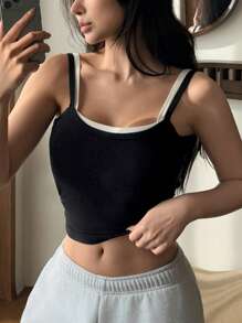 DAZY Áo ba lỗ thiết kế 2 trong 1 màu tương phản có đệm ngực tích hợp - màu đen - Xem 5