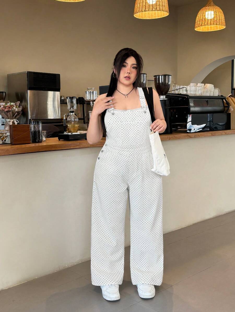 SHEIN EZwear Plus Size Wide Strap Button Pocket Simple Casual Denim Bib Pants - White - View 1