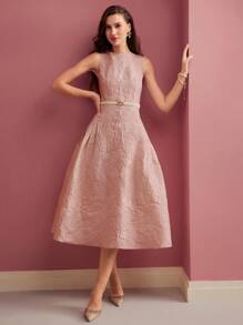 MOTF PREMIUM 提花修身喇叭连衣裙 - 粉色 - 查看 3