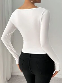 RosyDaze Women Solid Color Asymmetrical Neck Long Sleeve Fitted Casual Blouse, Everyday Wear Fall Cloth For Women - White - View 2
