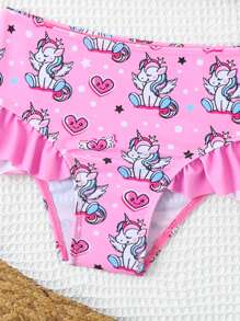 Young Girls Bikini Sets - Adorable Pink Unicorn Print Swimsuit Set. Features Soft Knitted Fabric And Ruffle-Trimmed Separable Bikini Top & Bottom. Fashionable, Casual, And Whimsically Elegant Design. Perfect For Swimming, Summer Vacations, Beach Trips, Pool Parties, And Holiday Fun. - Pink - View 4