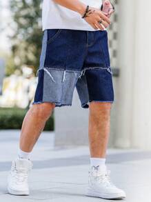 Manfinity Homme Men's Color Block Frayed Hem Denim Shorts Tropical Hang Out Street - Dark Wash - View 4