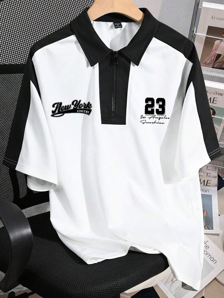 Manfinity Campus Court Polo a maniche corte con stampa di lettere e blocchi di colore da uomo