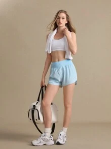 Eassivo Eassivo Casual Solid Color Wide Waistband Sports Shorts Comfy Short Sweater Shorts - Blue - View 1