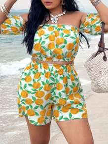 SHEIN VCAY 露肩荷叶边衬衫和斜口袋短裤 - 彩色 - 查看 5