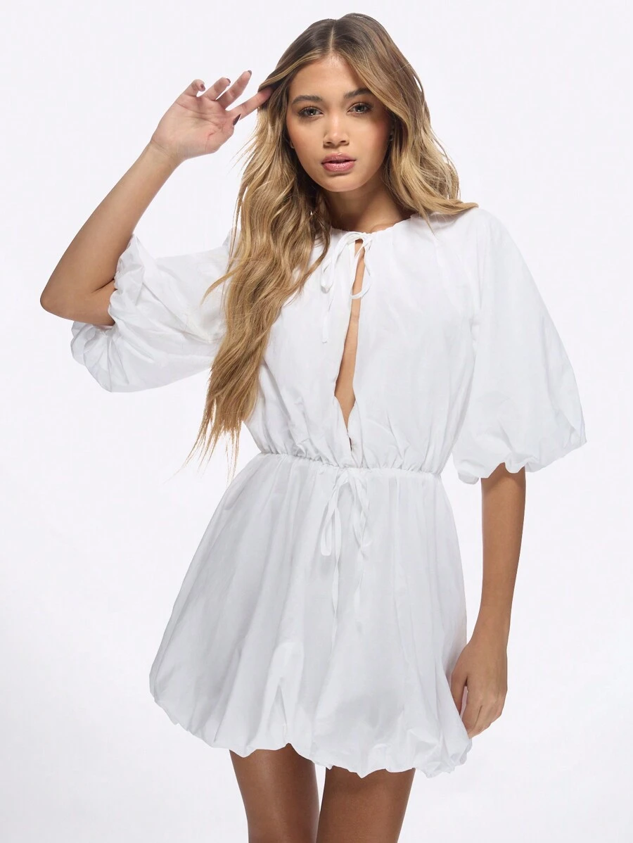 MISSGUIDED Puff Sleeve Mini Dress With Drawstring Waist Bubble Hem Evening Party Cotton Poplin Summer Spring Fashion Tie Front V-Neck Style - White - View 1