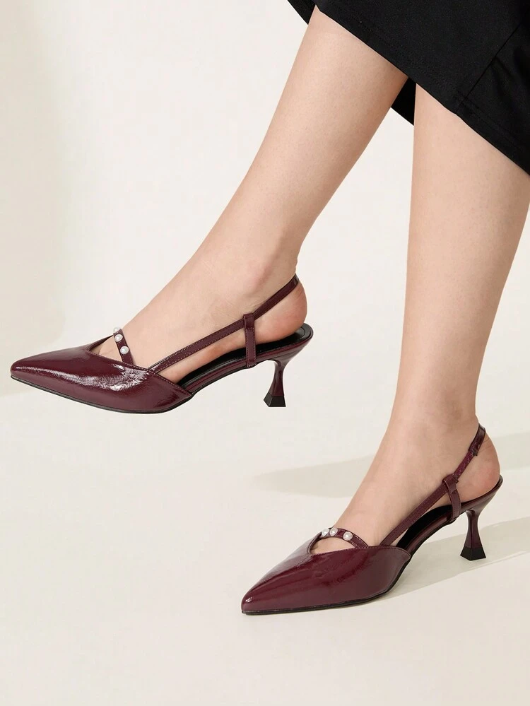 CUCCOO CHICEST Women Shoes Pearl V-Cut Hollow Pointed Toe Glass Heel Mid Heels Platform Shoes, Elegant Formal Office & Date Wear, Wine Red PU Leather Spring Shoes Spring Break Easter Prom Heels