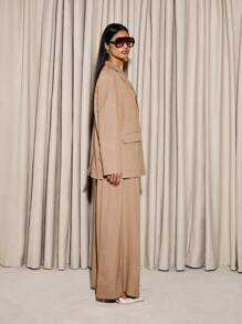 AiiRZ Ensemble costume à rayures fines oversize, blazer et pantalon à jambe évasée. Tenue de bureau professionnelle deux pièces, coordonnée sur mesure contemporaine pour l'automne et l'hiver - Kaki - Voir 8