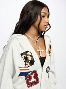 SUMWON WOMEN Varsity Style Full-Zip Hoodie With Patches Applique Badge Design Streetwear Athletic Number 23 Bomber Jacket Style Sweatshirt With Chain Necklace Y2K Fashion Autumn Winter Casual Graduation,Back To School Outfits,Graduation,Teacher Outfits For Women,Back To School