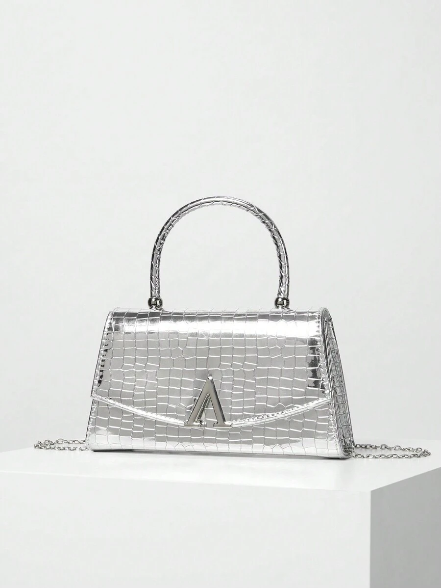 Women's Solid Color Mini Square Satchel Evening Bag, Elegant Dinner Chain Bag For Women,Elegant,Exquisite Patent Square Evening Bag For Party Dinner Bag,Clutch Bag For Party Girl,Woman,For Female Perfect For Party,Wedding,Prom,Dinner/Banquet,Best Gift For Women's Clip Glitter Dinner Wallet For Carnival Wedding Handbag For Party And Prom - Silver - View 1