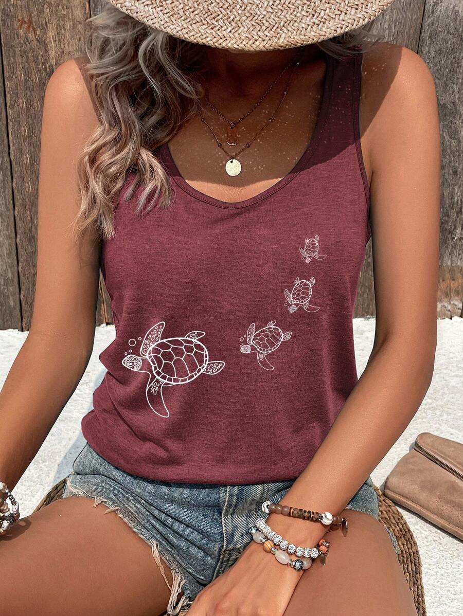 INAWLY Áo ba lỗ không tay in họa tiết cổ chữ V tối giản cho nữ, mặc thường ngày - Gỗ đỏ - Xem 1