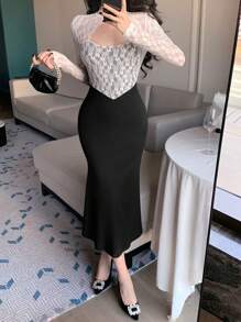 DAZY Color Block Sheer Mesh Lace Patchwork Hollow Out Bodycon Mermaid Dress, Spring Women Long Dress - Black - View 3