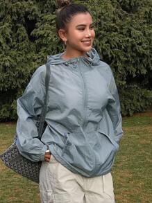 Livesso Women Loose Long Sleeve Pockets Casual Sports Lightweight Sunscreen Jacket, Summer - Blue - View 3