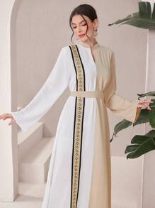 Modelyn Women's Solid Color Splicing Stand Collar Long Sleeve Minimalist Long Abaya Dress