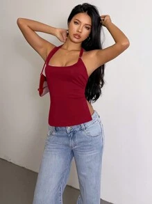 SHEIN SXY Summer;Black Casual Sleeveless Top With Slit Hem And Halter Neck