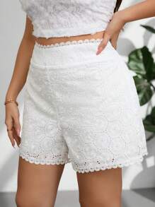 SHEIN Privé Women's White Embroidered Lace Trim Splice Shorts, Casual Summer Bottoms, Perfect For Wedding/Romantic Season