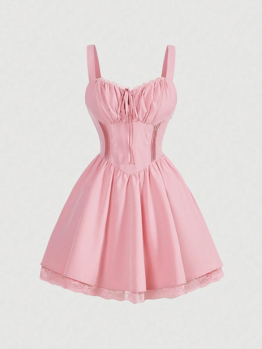 SHEIN MOD Pink Front Striped Bra Cup Lace Patchwork Backless Tie Crop Mini Dress - Pink - View 1