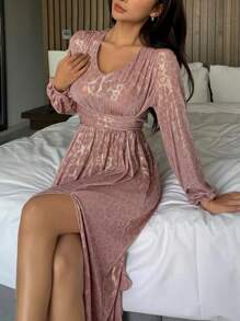 DAZY V-Neck Leopard Print Long Sleeve Cinched Waist Women's Fashionable Side Slit Nightgown Pajama - Pink - View 1