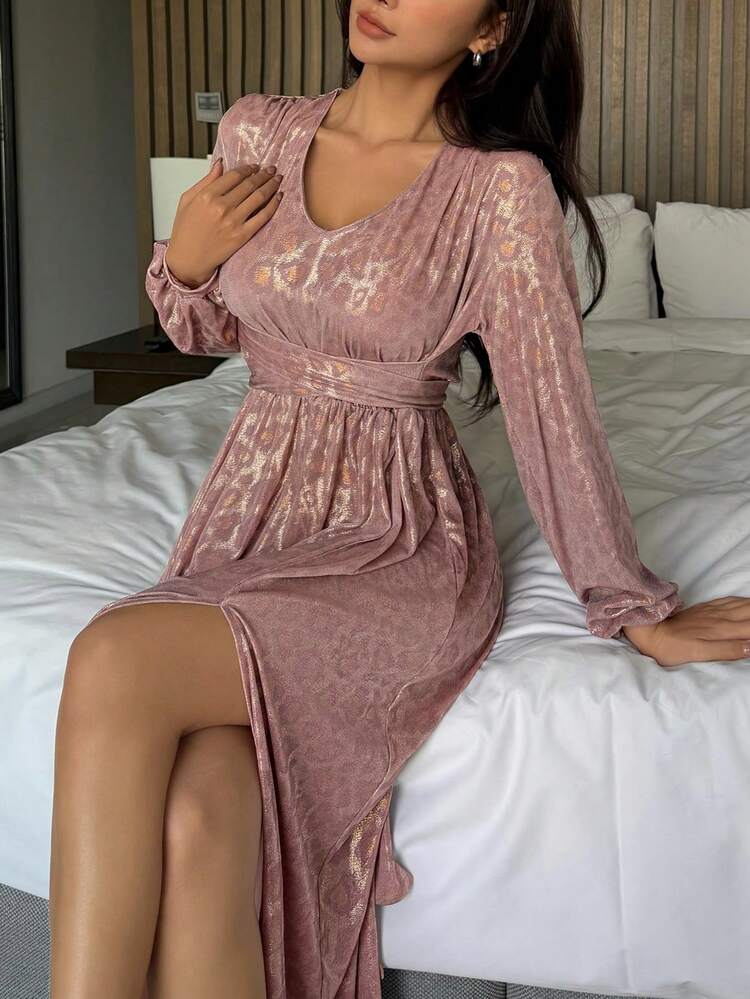 V-Neck Leopard Print Long Sleeve Cinched Waist Women's Fashionable Side Slit Nightgown Pajama