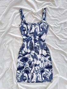 Soleia 全新方领彩色度假印花开衩迷你连衣裙，设计风格