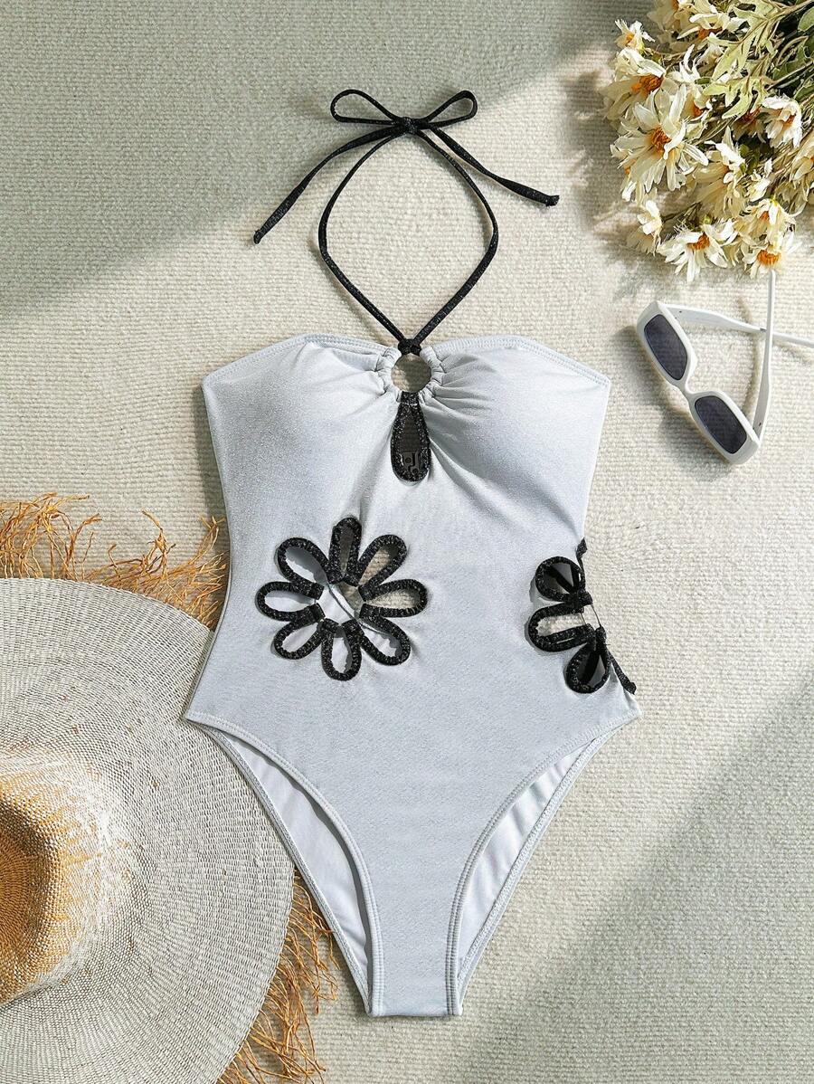 Soleia 1 Stück Damen Blumen Ausschnitt Kontrast Farbe Trägerloses Rückenfrei Badeanzug, geeignet für Strandurlaub, Valentinstag, Bademode für Frauen, Valentinstags-Kleidung, Urlaubsoutfits für Frauen, Strandoutfits für Frauen für Sommerurlaub