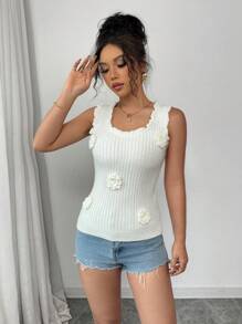 Chiquease Women Solid Color 3D Floral Decor Sleeveless Knit Top