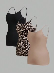 SHEIN Essnce Plus Size Women 3 Suits, Women's Suit Top, Autumn Base Coat Leopard Print Halter Top, Black Top, White Top, Can Be Worn Inside, Leopard Fall Clothes Women Tops, Fall Women Clothes Plus Halloween Outfits - Khaki - View 3