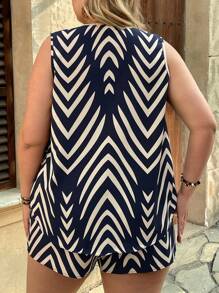 SHEIN VCAY 加大码优雅靛蓝几何图案衬衫搭配宽松口袋短裤，两件套，度假休闲装，波西米亚风，西部风，沙滩装，女士夏季服装 - 藍色 - 查看 2