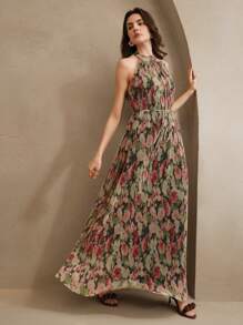 Anewsta 女士无袖束腰花卉印花网眼连衣裙，优雅适合度假、派对、约会之夜、情人节 - 玫紅色 - 查看 3