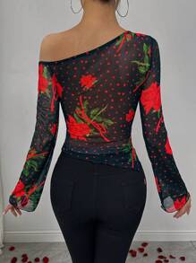 SHEIN Unity Women's Valentine's Day Red Rose Printed Asymmetrical Sleeveless Long Sleeve T-Shirt Black And Red,Autumn,Seductive,Night Out,Casual Versatile Cloth - Black - View 2