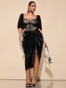 SHEIN BAE Blouse noire romantique et élégante à manches bouffantes et dentelle pour femmes grandes tailles, convient pour les rendez-vous, les déplacements, la Saint-Valentin, les bureaux, le carnaval, la plage, les vacances, la rentrée, le printemps/été, Y2K, les concerts, les raves pour grandes tailles - Noir - Voir 5