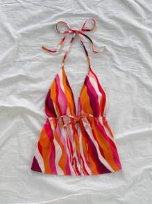 Soleia Women V-Neck Tie Front A-Line Vacation Top With Orange And Magenta Striped Pattern,Western Wear Women,Festival,Boho,Hippie,Cowgirl Outfit,Old Money ,Bohemian