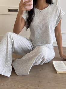 SHEIN EZwear Bộ đồ mặc nhà dệt kim màu xám dành cho nữ, áo và quần đơn giản thời trang thường ngày - Xám - Xem 5