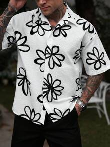 OTTIMOZO 男士休闲花卉印花短袖衬衫 - 黑與白 - 查看 5