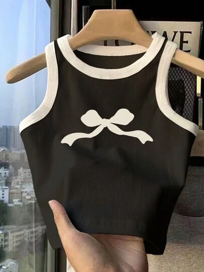 青少年女孩纯色拼布圆领无袖蝴蝶结装饰简约上衣