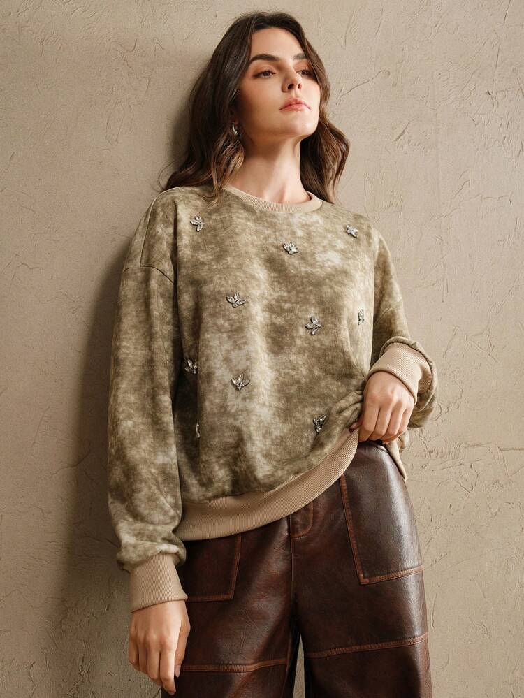 Sweat-shirt-shirt oversize à col rond avec strass pour femmes, pull décontracté lavé au détergent pour l'automne