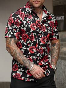 Manfinity Homme Camisa de manga corta con estampado de rosa roja sobre fondo negro para hombre