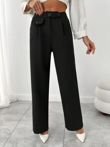 EURMUSE Women's Solid Button Detailed Suit Pants - Black - View 1