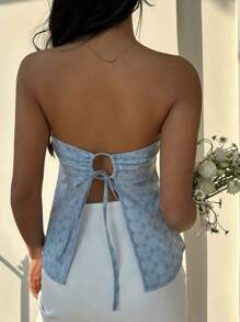 Sunnyshic 女士时尚度假刺绣蝴蝶结抹胸上衣 - 淺藍色 - 查看 2