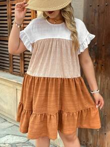 SHEIN VCAY Plus Size Casual Holiday Island Daily Round Neck Colorblock Textured Fabric Short Sleeve A-Line Loose Tunic Mini Dress, Western Wear, Festival, Boho, Hippie, Cowgirl, Bohemian, Summer Outfits For Women, Beach, Summer Clothes For Women, St. Patrick's Day Outfit, Spring Outfits For Women