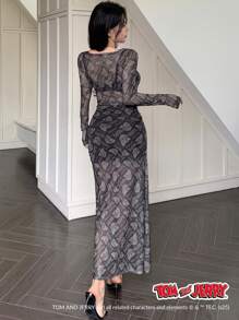 TOM AND JERRY X DAZY 透明圆领印花网眼修身长袖女式衬衫，秋季女装 - 黑色 - 查看 3