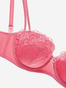 LUVLETTE Lencería elegante bordada en rosa para mujer, ropa de descanso con curvas, sujetador balconette sexy sin forro con encaje en forma de corazón, con aros y transpirable, para novias - Rosa - Ver 12