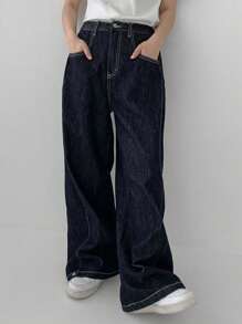 DAZY Quần Jeans Denim Ống Thẳng Dài Rộng Màu Trơn Cho Nữ, Quần Jeans Rộng - Rửa tối - Xem 6