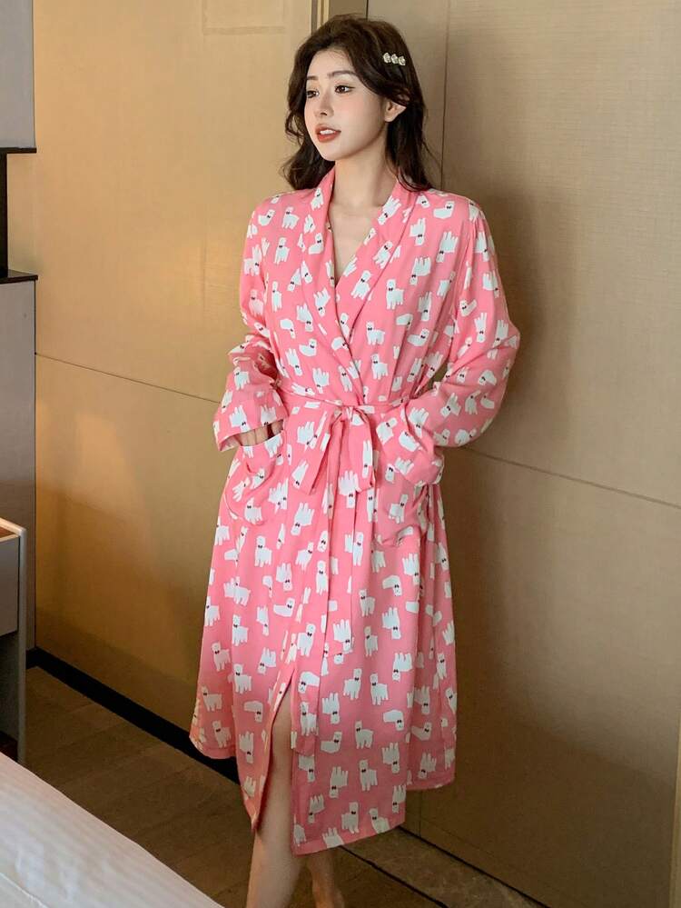 Cartoon Allover Print Loose Fit Ladies Robe Pajama