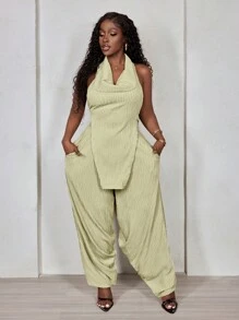 BamGleam 日常休闲度假女装洋气复古质感女装套装性感露背挂脖摆领不对称下摆上衣+宽松休闲哈伦裤女两件套 - 淺灰色 - 查看 4