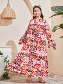 SHEIN Tween Girls Loose Retro Print Long Sleeve Flared Dress - Red - View 5
