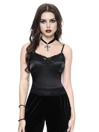 Grunge Punk Women's Solid Color Spaghetti Strap Bow Decor Simple Casual Top, Suitable For Daily Wear,Summer Outfits For Women