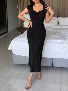 DAZY Minimalist Soft Knit Fabric Drawstring Collar Design Fitted Lounge Dress Pajama - Black - View 6