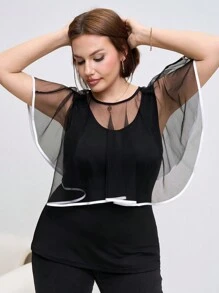 SHEIN Clasi 大码网眼披肩，优雅简约无袖休闲日常穿着 - 黑與白 - 查看 7